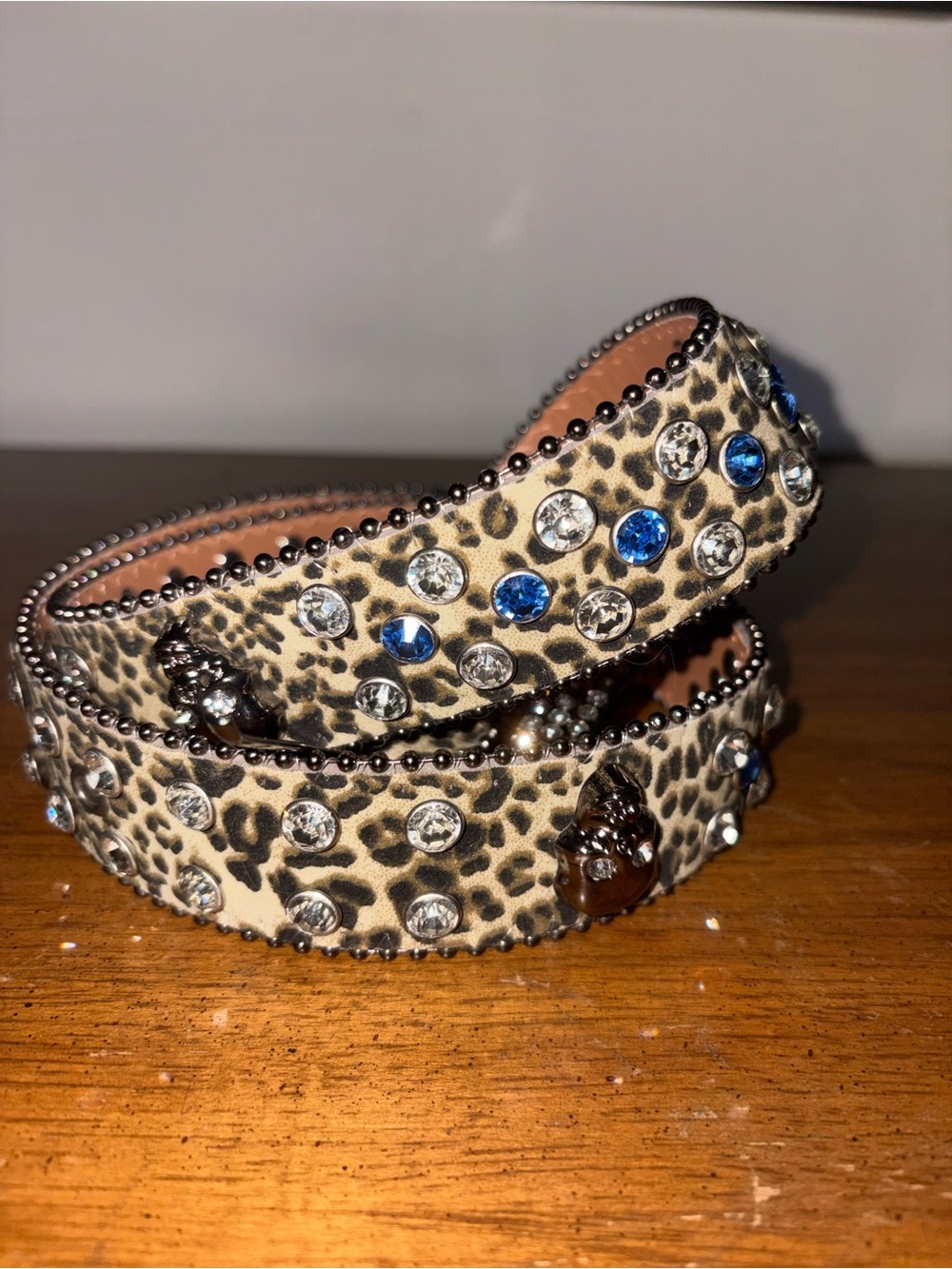 Leopard Print Women’s Belt with Clear and Blue Crystals